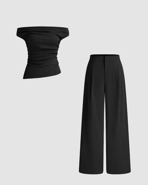 Off-shoulder Solid Texture Ruched Top With Mid Rise Solid Texture Straight Leg Trousers In Black Front View for Women | Littlebox India