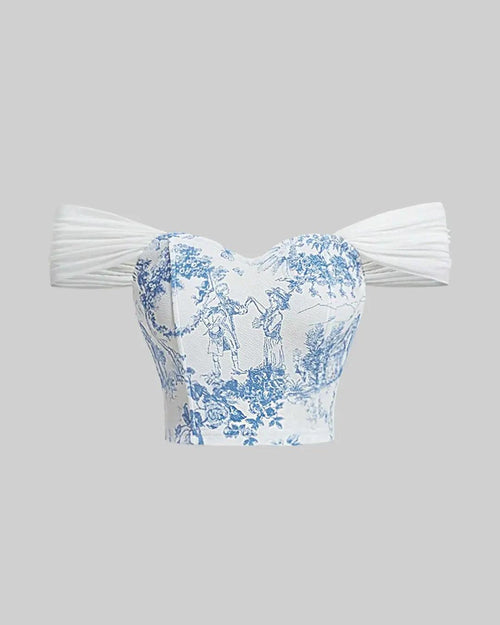 Off Shoulder Crop Blue And White Printed Corset Top Front View For Women | Littlebox India