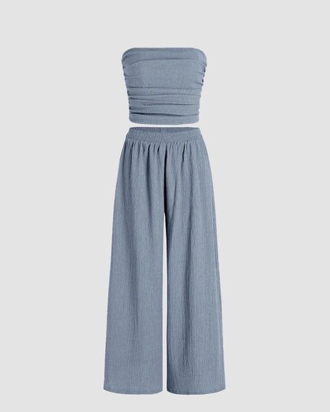 Off Shoulder Crop Top And Wide Leg Pant In Sky Blue Front View For Women | Littlebox India