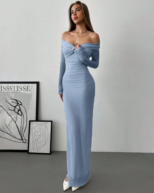 Dusty blue off-shoulder mesh ruched fitted dress with long sleeves for women, elegant bodycon evening or party wear