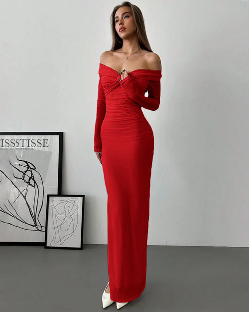 Front view of a woman in red off-shoulder long sleeve mesh maxi dress with ruched bodice and floor-length silhouette.