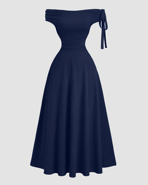 Front view of Off-Shoulder Ruched Waist Flared Maxi Dress with Tie Detail in Navy Blue for Party, Evening & Occasion Wear