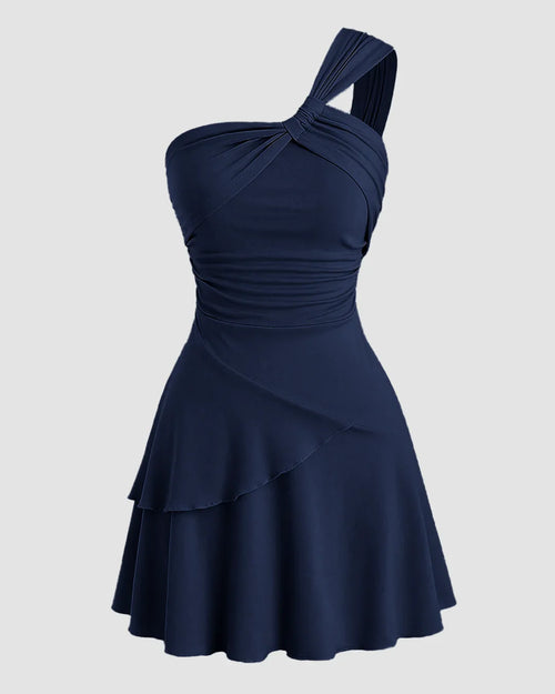 Front view of Navy blue one-shoulder mini dress with ruched bodice and layered hem, perfect for a night out or special occasions.