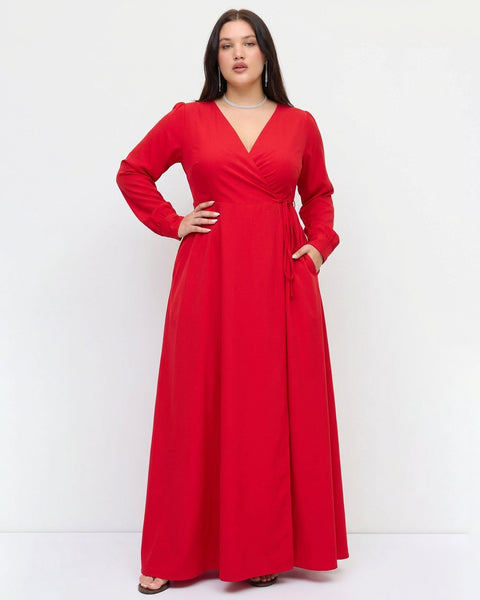 V-Neck Fit and Flare Full Sleeves Maxi Wrap Dress Curve and Plus in Bright Red