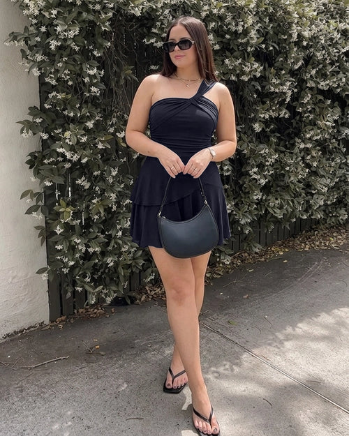One Shoulder Asymmetrical Mini Dress Curve and Plus in Navy Blue