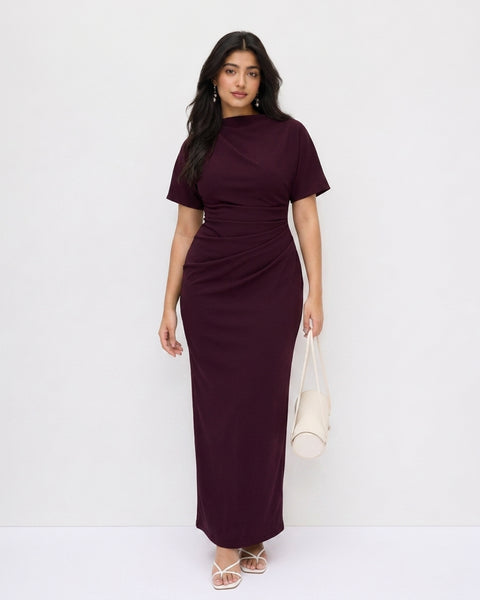 Ruched Boat Neck Dress Curve and Plus in Deep Wine