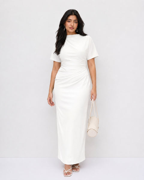 Ruched Boat Neck Dress Curve and Plus in Classic White