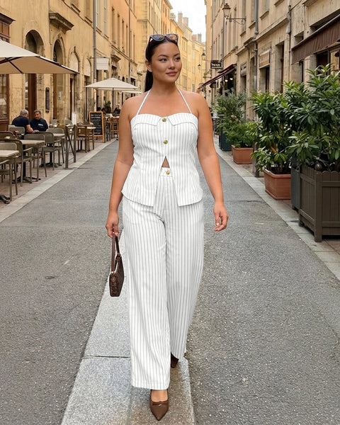 Striped Halter Vest and Wide Leg Trousers Co-ord Set Curve and Plus in Ivory