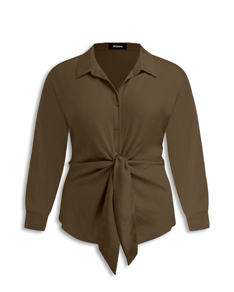 Collar Knotted Long Sleeve Shirt Curve & Plus in Chocolate Fondae