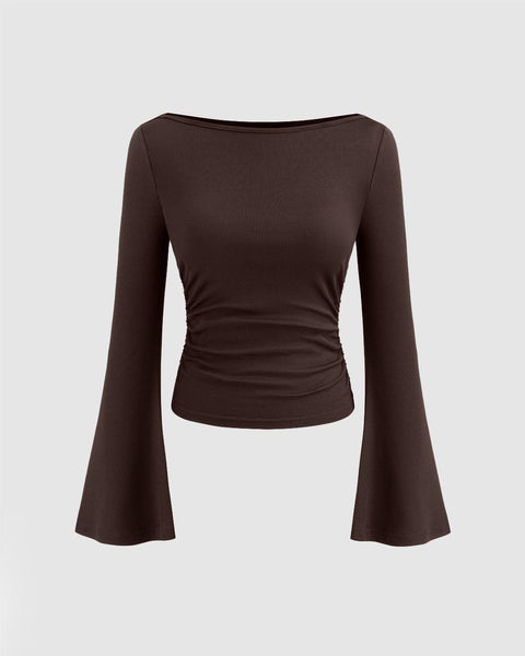 Chocolate brown boat neck top with long bell sleeves and ruched detailing, perfect for stylish and comfortable wear