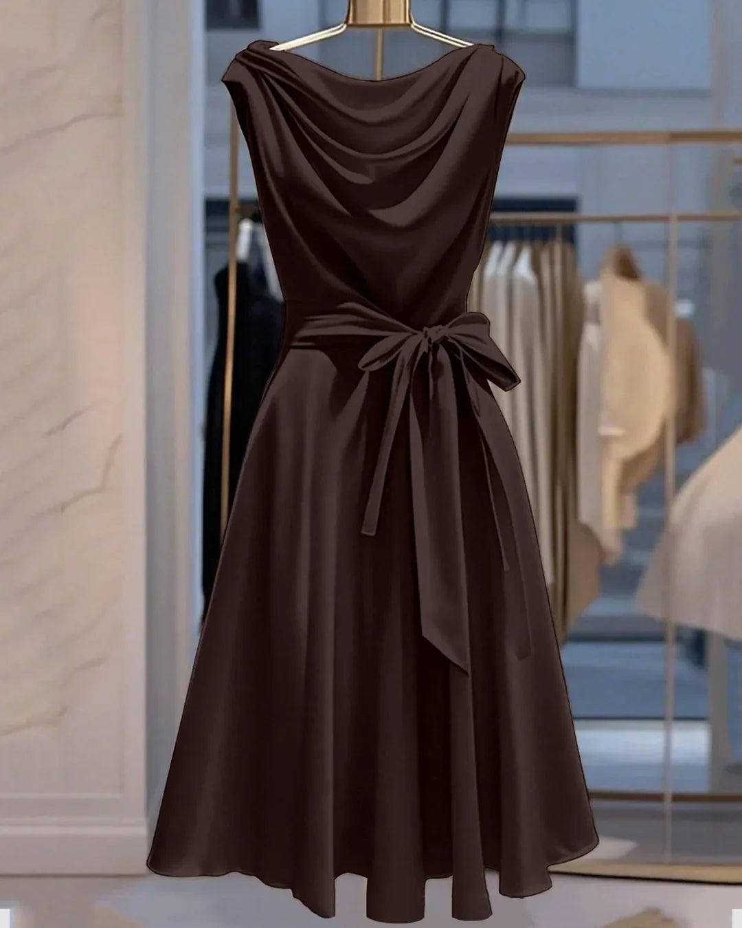 dark brown waist tie midi dress BROWN TIE WAIST DRESS main image 1
