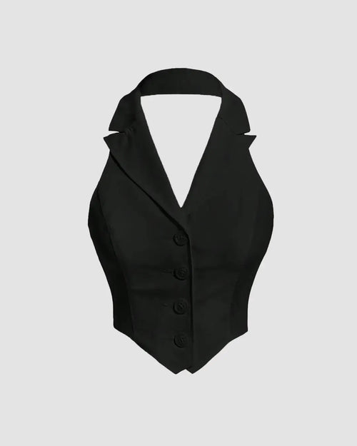 Party Halter Neck Button Front Crop Top in Black Front View For Women | Littlebox India