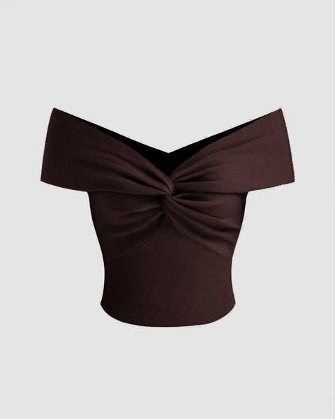Party Off Shoulder Ruched Twist Front Top in Brown Front View For Women | Littlebox India