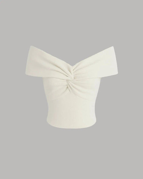Front view of Off-shoulder ruched milky white crop top showcasing its elegant design and soft fabric