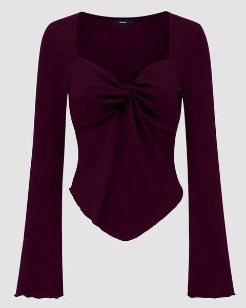 Front view of Maroon ribbed top with square neckline, twisted front detail and flared long sleeves creating a flattering fitted look