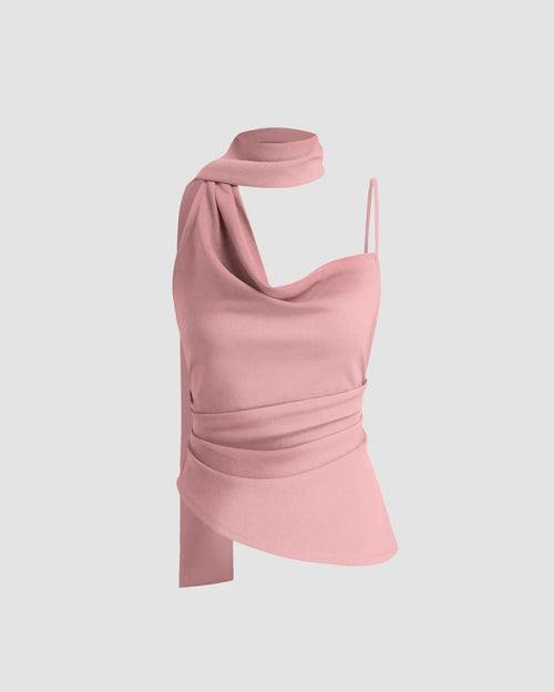 Party Spaghetti Strap Scarf Detail Fitted Top in Pink Front View For Women | Littlebox India