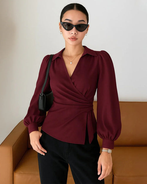 Woman wearing Party V Neck Wrap Style Long Sleeve Top in Maroon