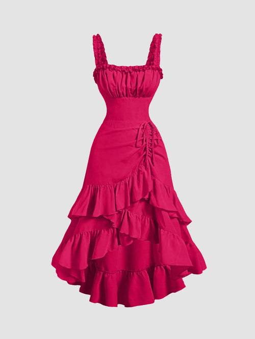Pink ruched midi dress with a square neckline, featuring a high-low hemline and layered ruffle detailing for an elegant, flowing silhouette.