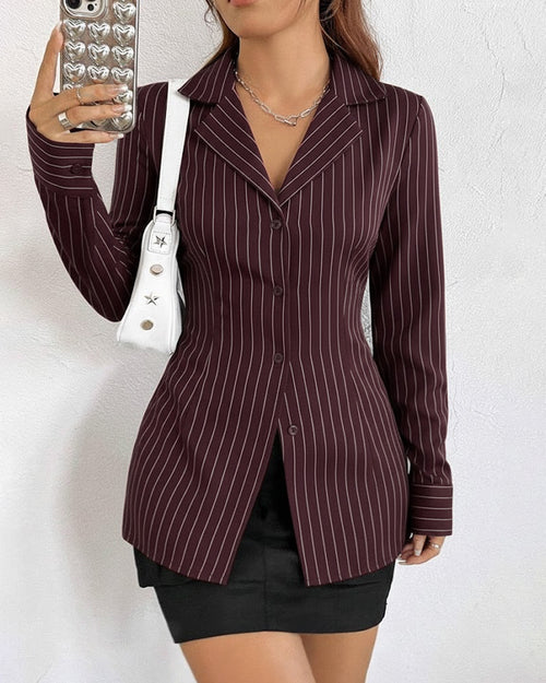 Front view of dark wine colour shirt with pinstripe pattern and collared neckline, featuring long sleeves and a tailored fitted silhouette