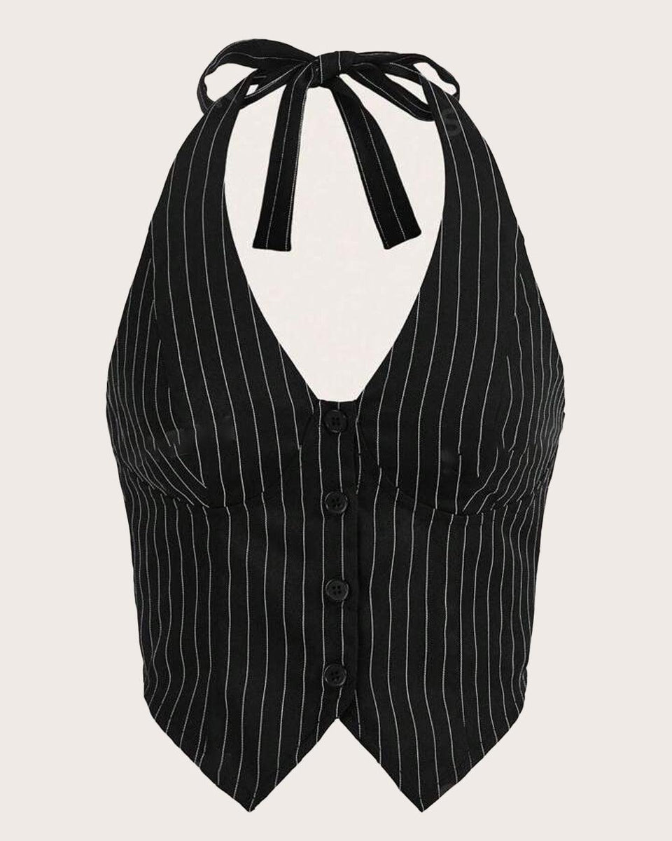 Button Front Halter Sleeveless Top in Black - Littlebox India