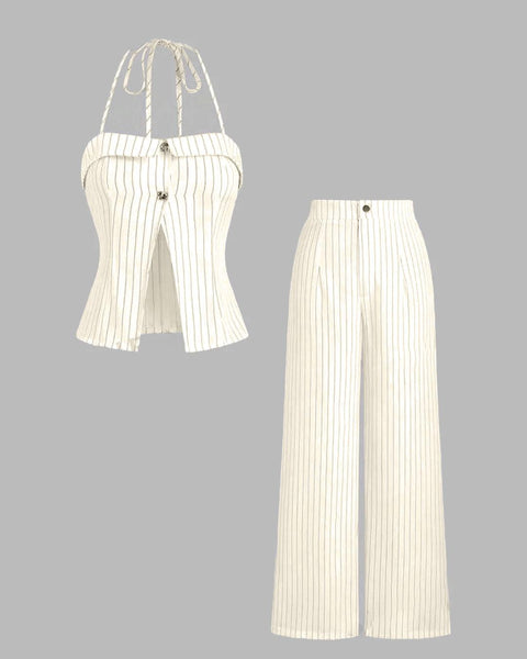 Front view of A top and trouser set featuring Off-white pinstriped halter neck sleeveless top paired with matching pants.