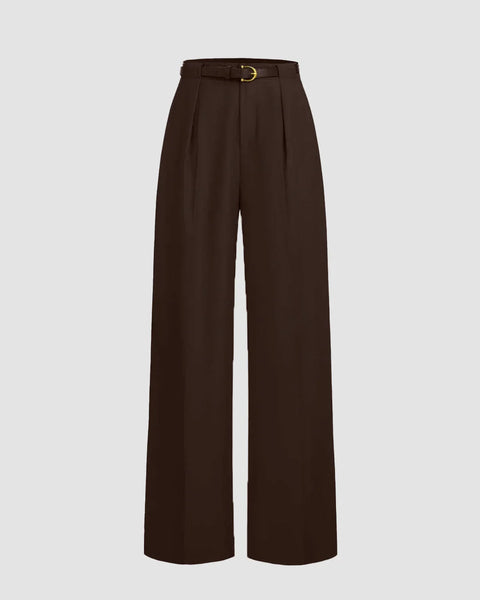 Pleated High Waisted Wide Leg Trousers in Coco Front View For Women | Littlebox India
