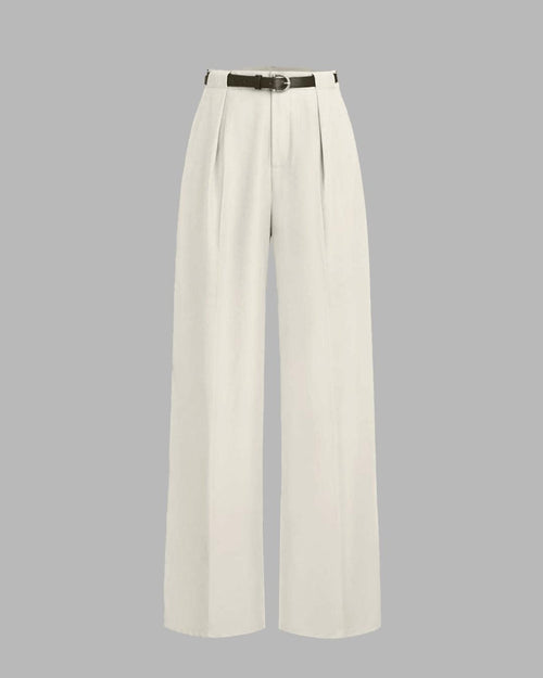 Pleated High Waisted Wide Leg Trousers in Off-White Front View For Women | Littlebox India