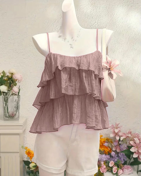 Pleated Layered Ruffle Suspender Top Front View for Women | Littlebox India