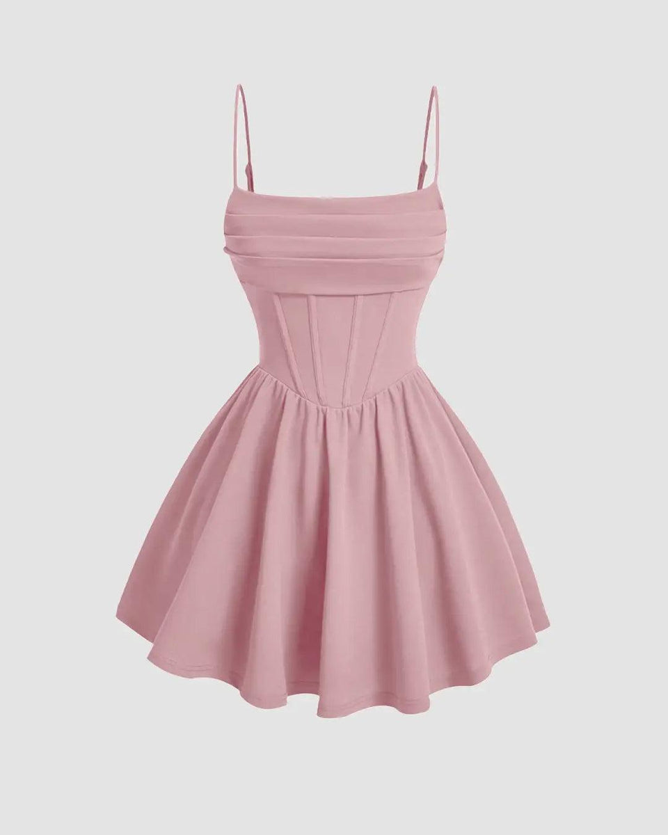 Pleated Waist Cami Short Dress In Pink