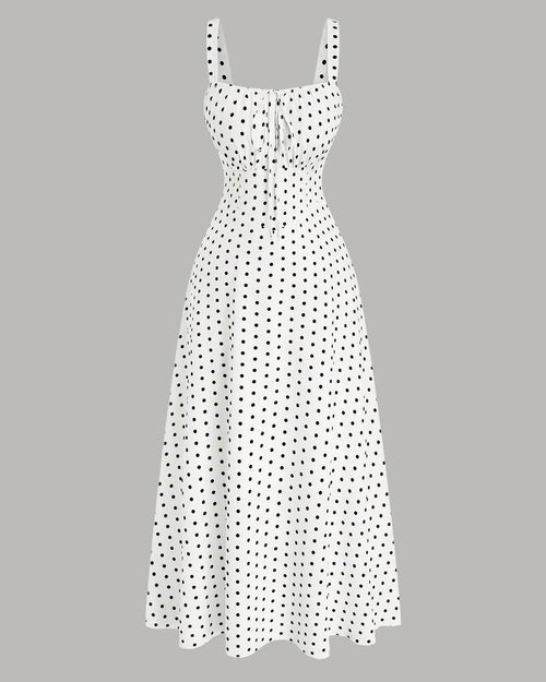 Front view of White polka dot sleeveless maxi dress with square neckline and fitted bodice, shown from front and back on a grey background.