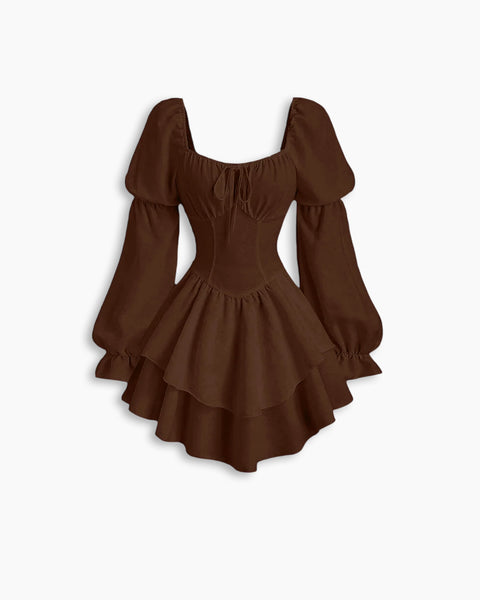 Puff Full Sleeve Layered Princess Mini Dress in Chocolate Brown Front View for Women | Littlebox India