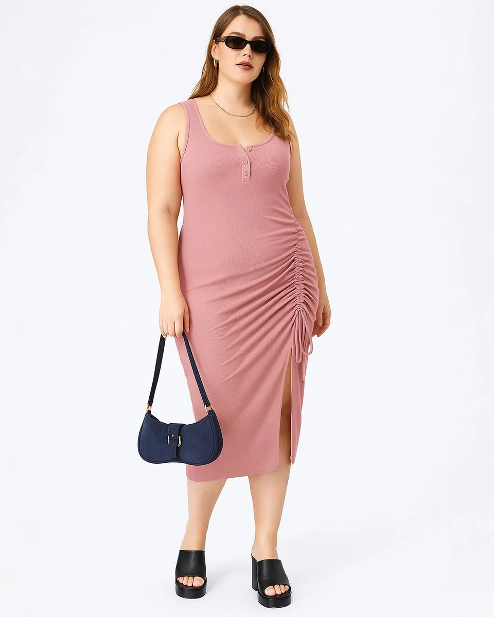 Rib Button Drawstring Midi Dress Pink Curve & Plus