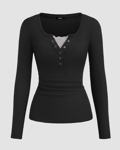 Front view of Black round neck slim-fit long sleeve top with straight hem, solid design and fitted silhouette