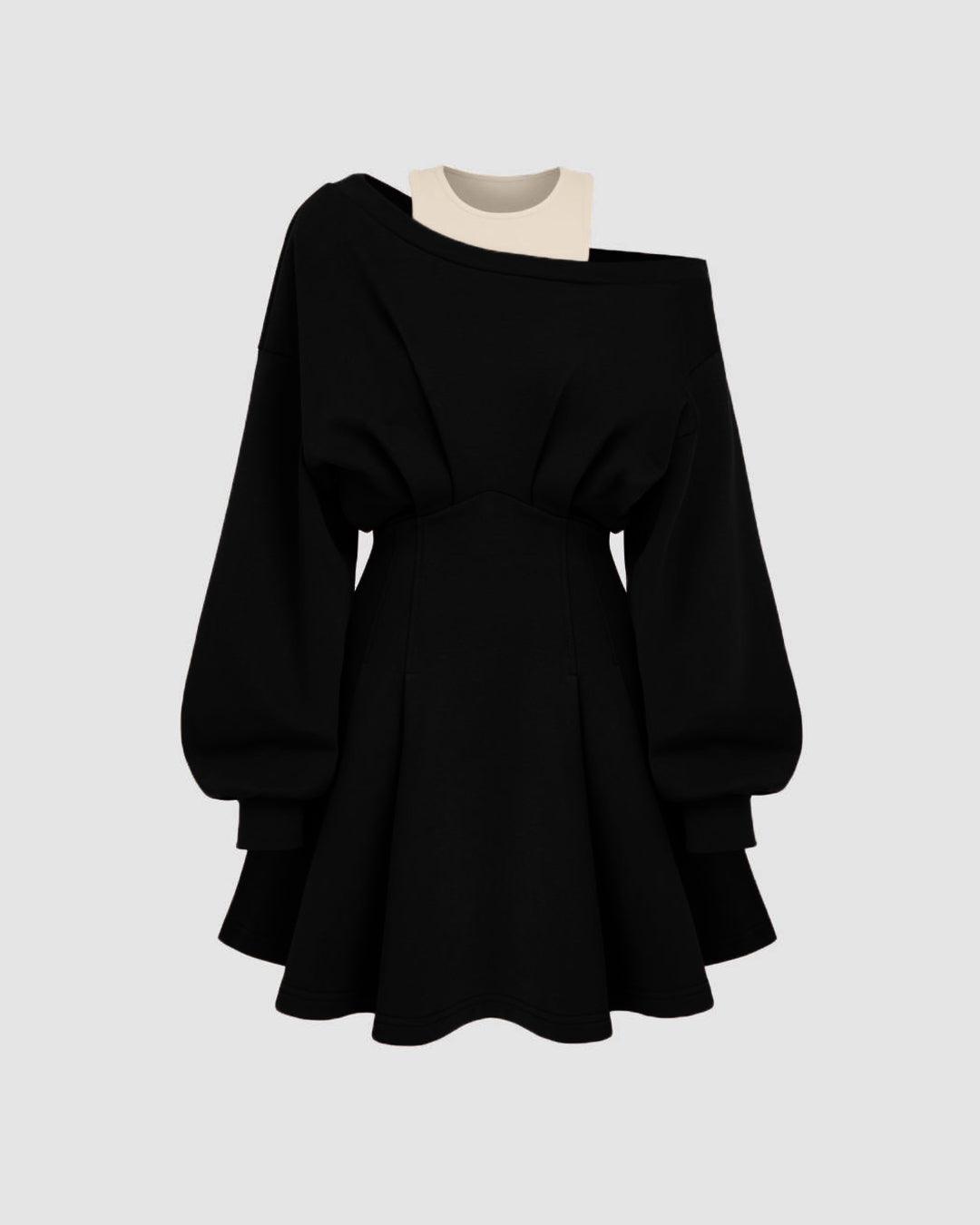 Round Neckline Asymmetrical Ruffle Mini Dress In Black Round Neckline Asymmetrical Ruffle Mini Dress In Black