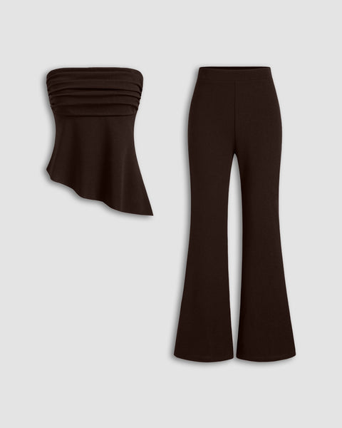 Ruched Asymmetrical Hem Bandeau Top & Mid Rise Flared Trousers Set in Coffee Brown Front View for Women | Littlebox India