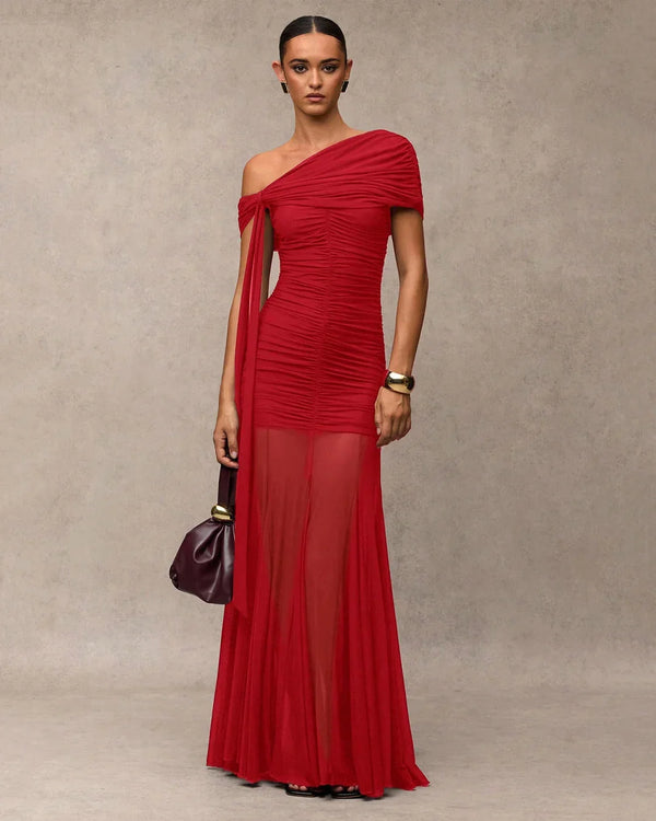 Ruched Asymmetrical Sleeve Maxi Dress in Red