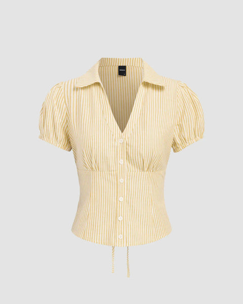 Front view of Yellow ruched button-down top with puff sleeves, showcasing a bright and cheerful look