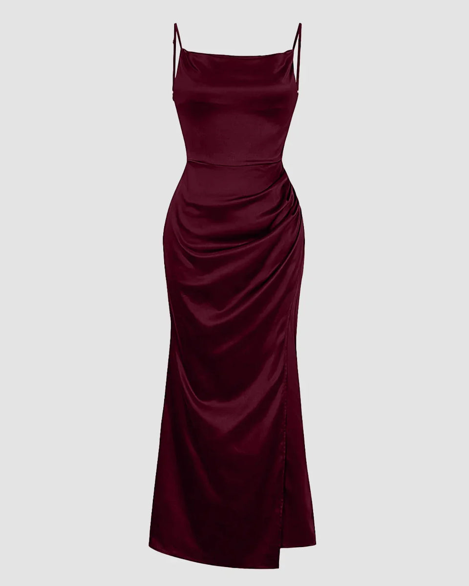 Ruched XS Maroon Cowl Neck Maxi Dress - Image 2