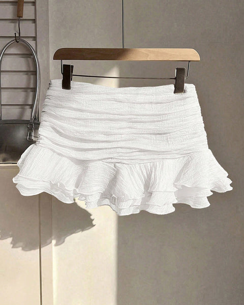 Ruched Fit Ruffle Hem Mini Skirt in Classic White Front View For Women | Littlebox India