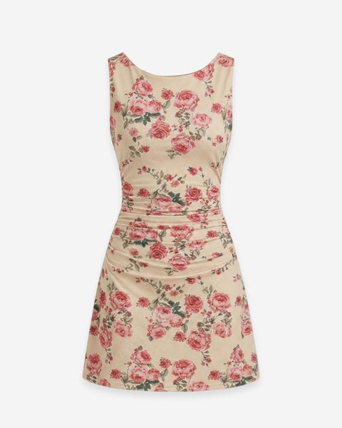 Ruched Floral Print Sleeveless Mini Dress Front View for Women | Littlebox India