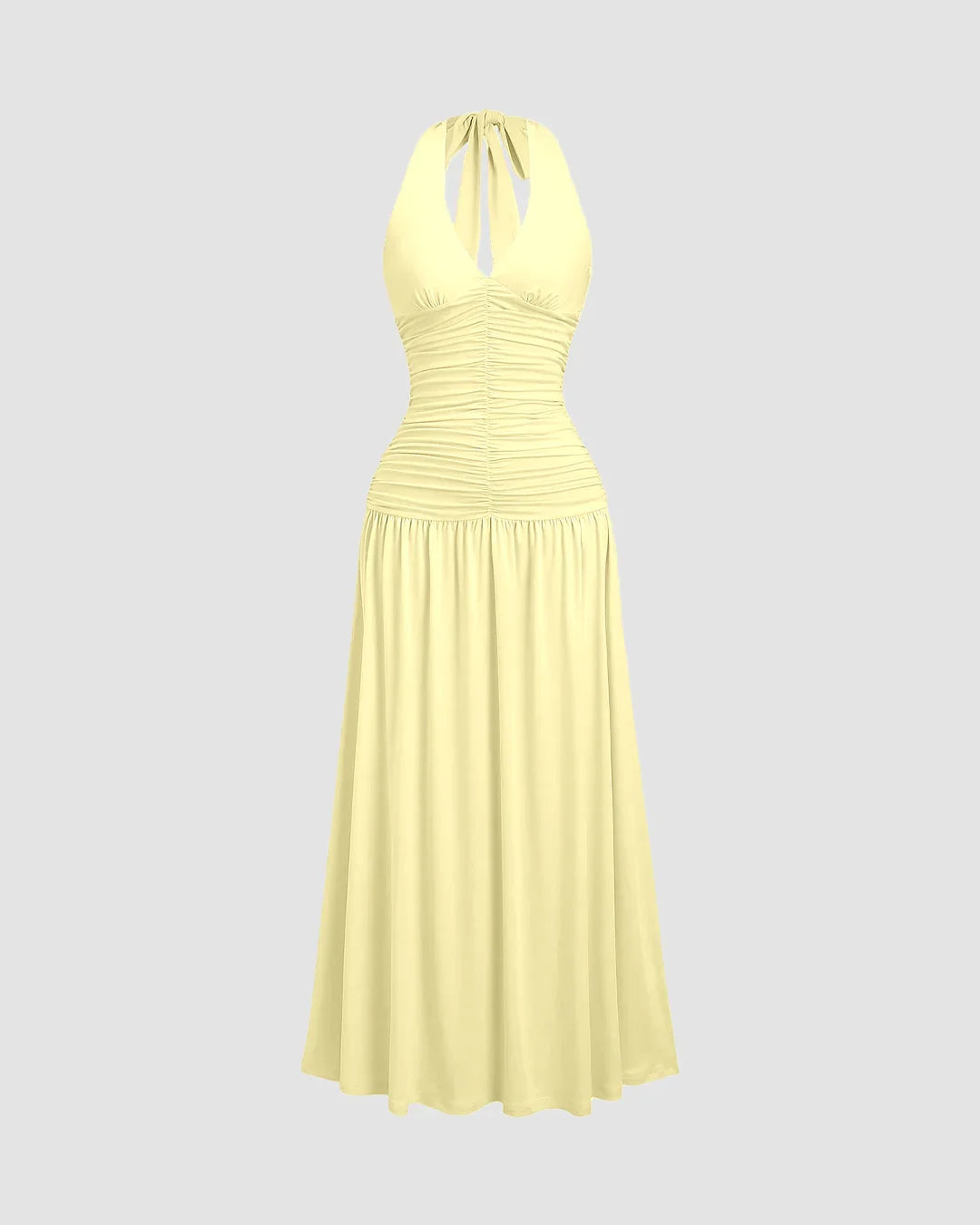 Ruched Halter Neck Midi Dress in Vanilla - Littlebox India Ruched Halter Neck Midi Dress in Vanilla - Littlebox India