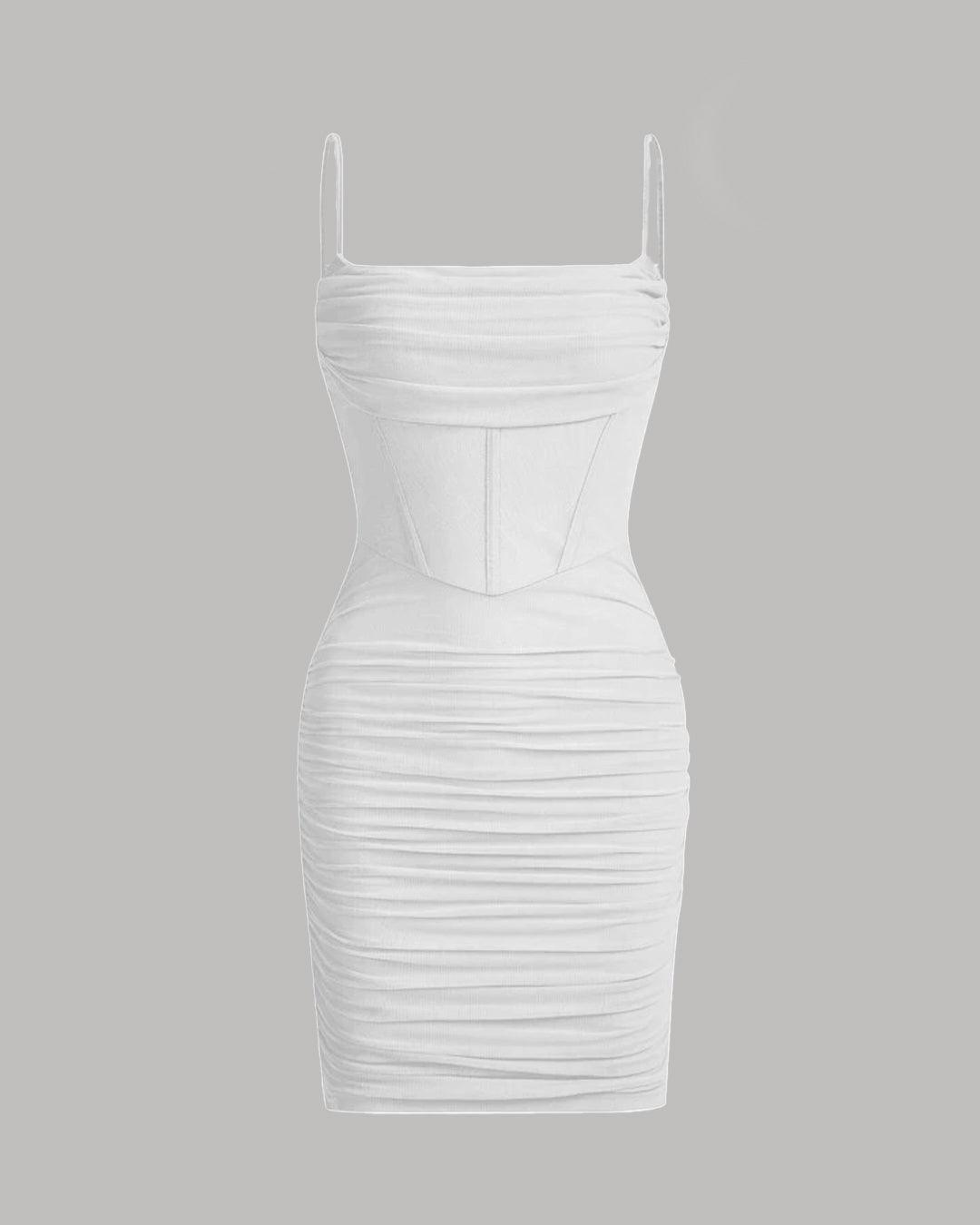 white mesh ruched bodycon dress Ruched Mesh Cami Summer Short Bodycon Dress In White
