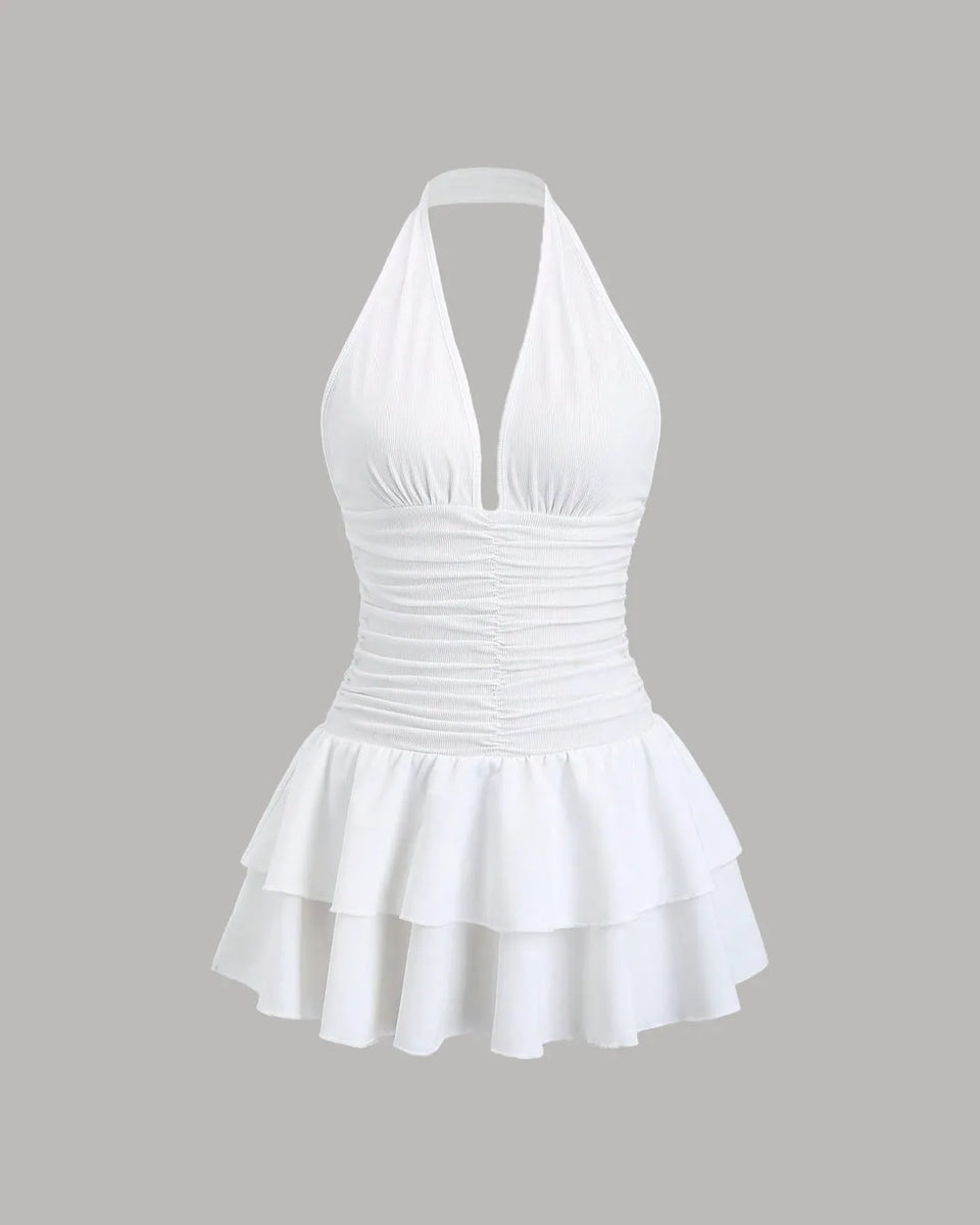 Ruched White Halter Neck Mini Dress