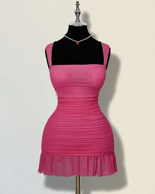 Front view of barbie pink fitted mini dress with square neckline and ruffle hem, featuring ruched detailing for a flattering bodycon silhouette