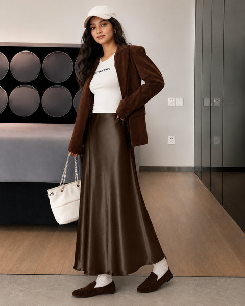 High Waist Satin Midi Skirt in Cocoa Brown