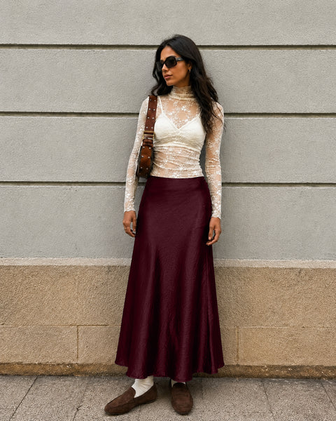 High Waist Satin Midi Skirt in Wine Maroon
