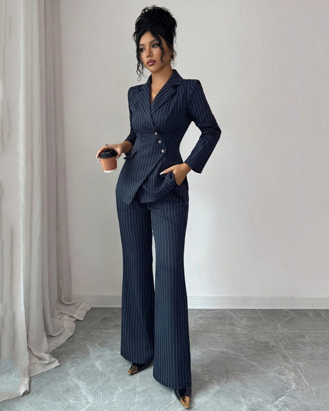 Navy Blue Striped V-Neck Asymmetric Long Sleeve Jacket & Wide-Leg Pants Suit
