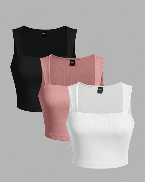 Set Of 3 - Slim-Fit Ribbed Women Tank Tops Front View For Women | Littlebox India