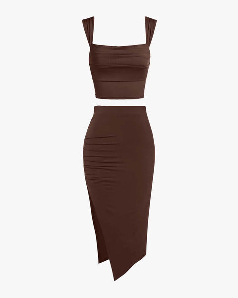 Set Of Two: Crop Top With High Waisted Side Split Skirt In Brown Front View For Women | Littlebox India