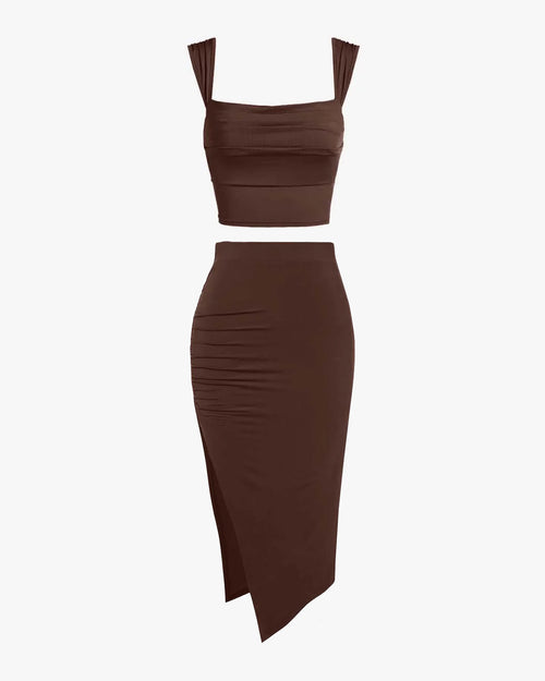 Set Of Two: Crop Top With High Waisted Side Split Skirt In Brown Front View For Women | Littlebox India